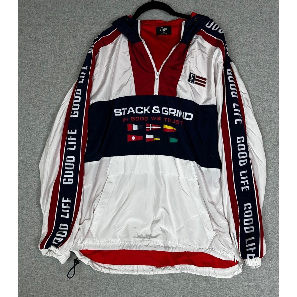 Camp Stack Grind Windbreaker Jacket Mens Large Red White Blue Quarter Zip Hooded